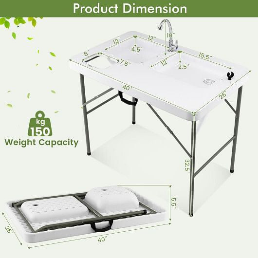Fish Cleaning Table with 2 Sinks and 360?° Rotatable Fauce-White-2